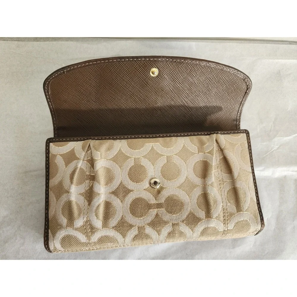 Coach Signature Jacquard Trifold Wallet Brown Tan Leather Horse Carriage Logo